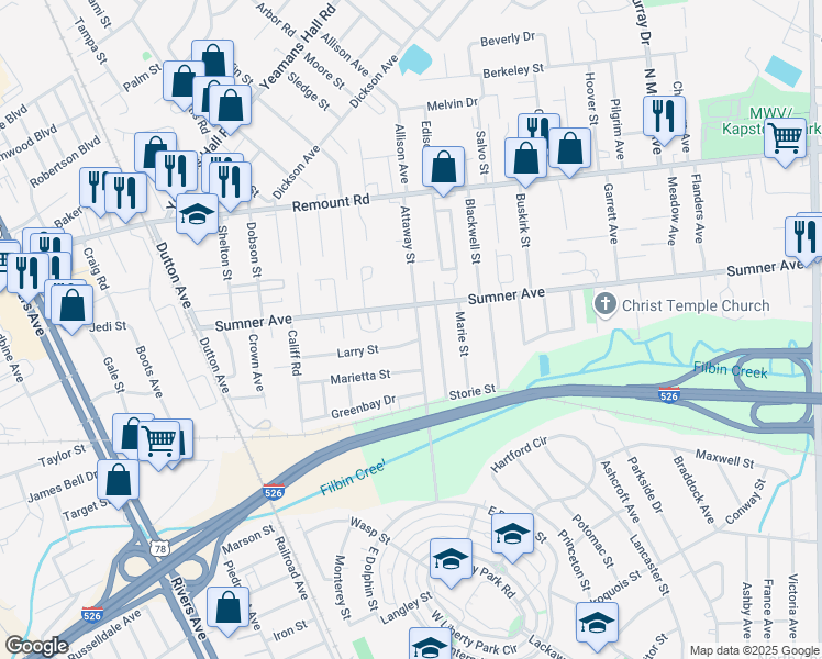 map of restaurants, bars, coffee shops, grocery stores, and more near 3204 Attaway Street in North Charleston