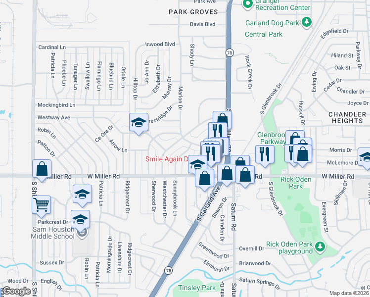 map of restaurants, bars, coffee shops, grocery stores, and more near 1701 Ruth Drive in Garland