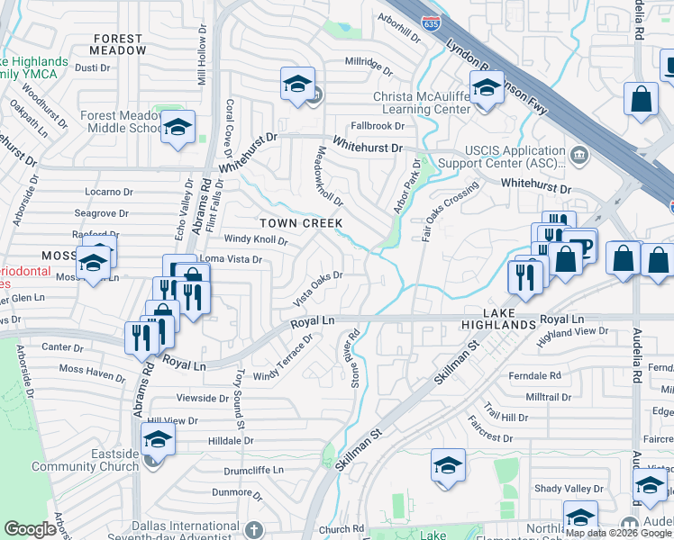 map of restaurants, bars, coffee shops, grocery stores, and more near 9652 Rocky Branch Drive in Dallas