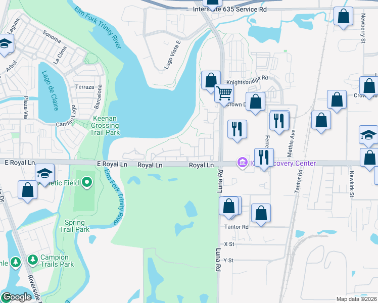 map of restaurants, bars, coffee shops, grocery stores, and more near 1701 Royal Lane in Farmers Branch