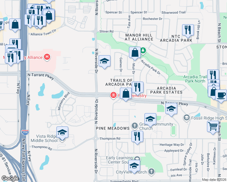 map of restaurants, bars, coffee shops, grocery stores, and more near 8605 Meredith Lane in Fort Worth