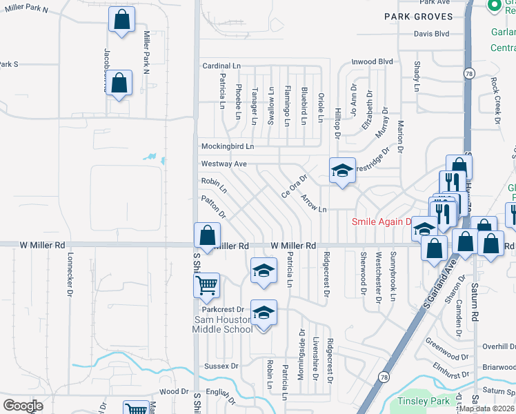 map of restaurants, bars, coffee shops, grocery stores, and more near 1805 Patricia Lane in Garland
