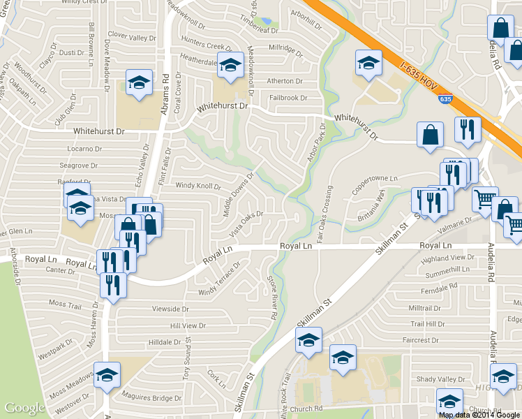 map of restaurants, bars, coffee shops, grocery stores, and more near 9652 Rocky Branch Drive in Dallas