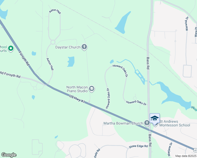 map of restaurants, bars, coffee shops, grocery stores, and more near 114 Howard Oaks Dr in Macon