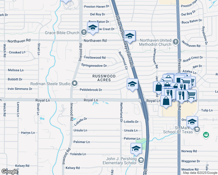 map of restaurants, bars, coffee shops, grocery stores, and more near 5411 Pebblebrook Drive in Dallas