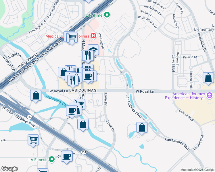 map of restaurants, bars, coffee shops, grocery stores, and more near 6422 Love Drive in Irving