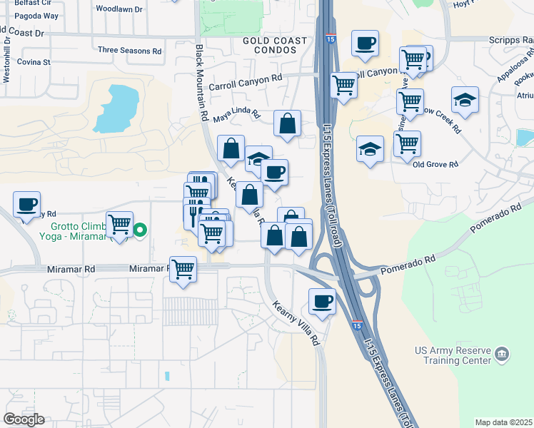map of restaurants, bars, coffee shops, grocery stores, and more near 9535 Kearny Villa Road in San Diego
