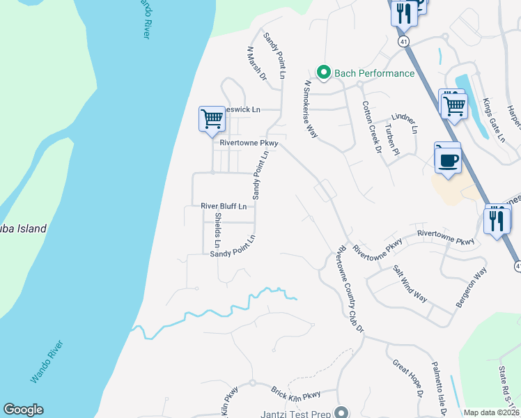 map of restaurants, bars, coffee shops, grocery stores, and more near 2161 Sandy Point Lane in Mount Pleasant