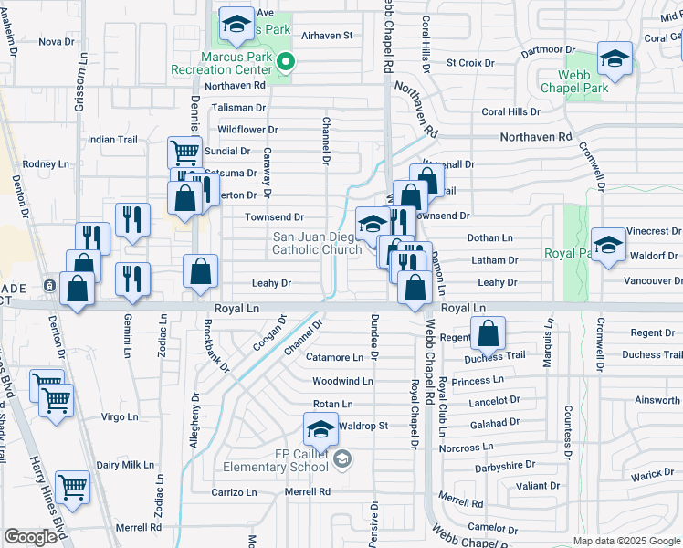 map of restaurants, bars, coffee shops, grocery stores, and more near 10831 Gable Drive in Dallas