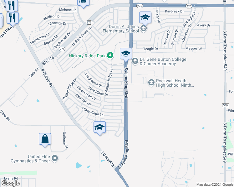 map of restaurants, bars, coffee shops, grocery stores, and more near 3054 Deer Ridge Drive in Rockwall