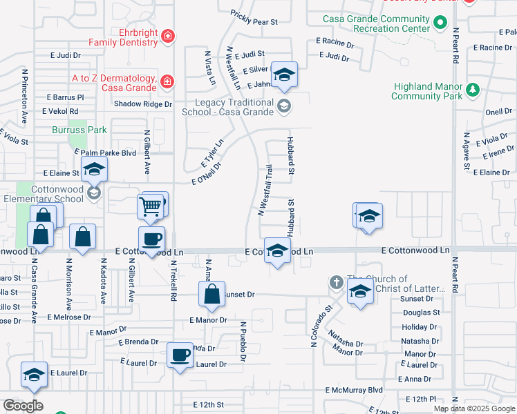 map of restaurants, bars, coffee shops, grocery stores, and more near 1667 North Westfall Trail in Casa Grande