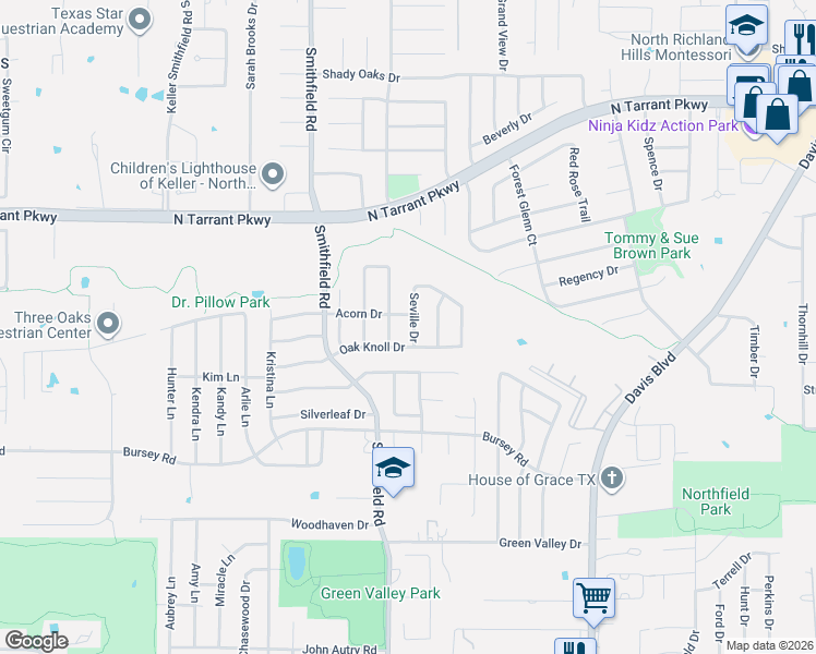 map of restaurants, bars, coffee shops, grocery stores, and more near 8009 Seville Dr in North Richland Hills