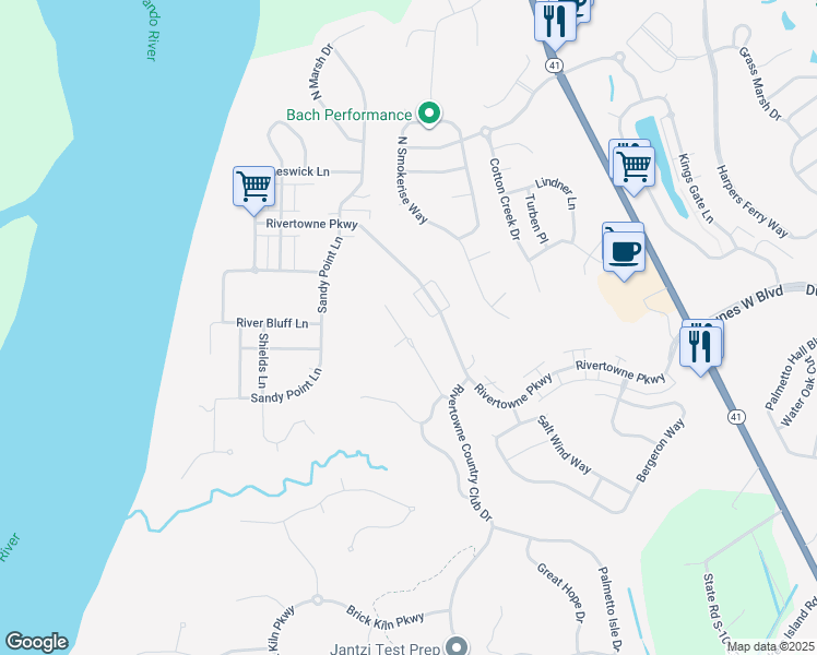 map of restaurants, bars, coffee shops, grocery stores, and more near 2641 Ringsted Lane in Mount Pleasant