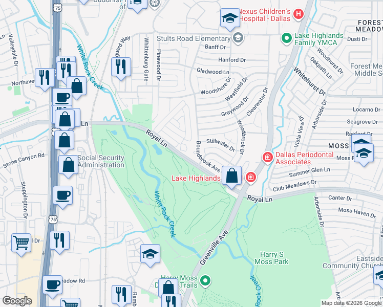 map of restaurants, bars, coffee shops, grocery stores, and more near 8825 Boundbrook Circle in Dallas