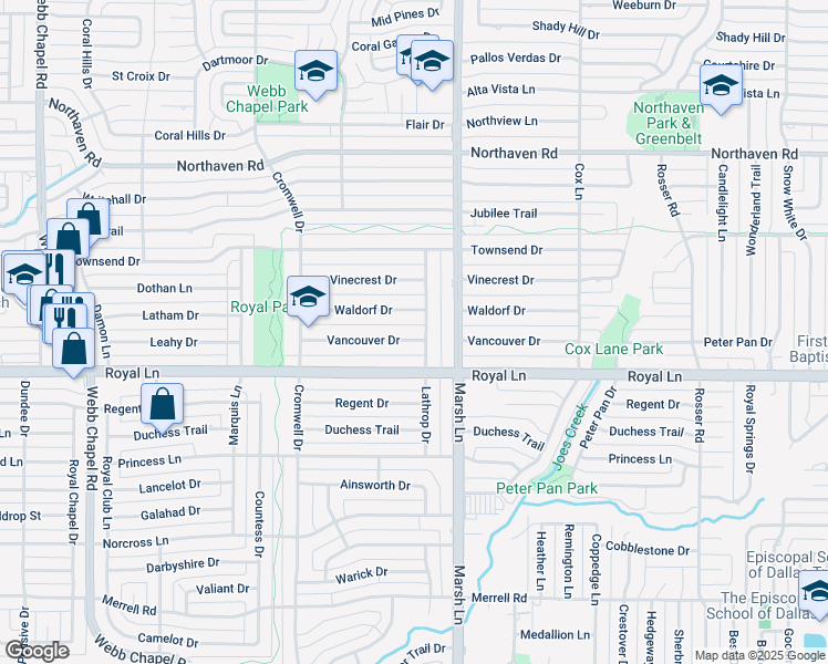 map of restaurants, bars, coffee shops, grocery stores, and more near 3629 Vancouver Dr in Dallas
