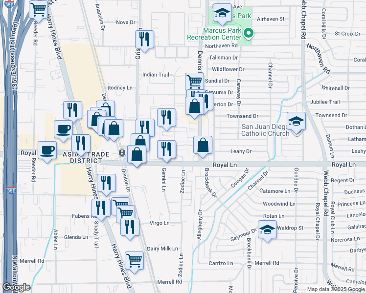 map of restaurants, bars, coffee shops, grocery stores, and more near 10871 Indian Trail in Dallas