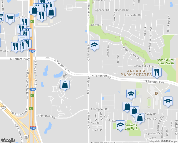 map of restaurants, bars, coffee shops, grocery stores, and more near 6418 Old Denton Road in Keller