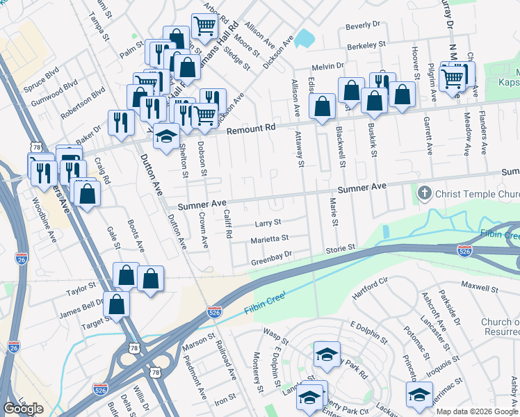 map of restaurants, bars, coffee shops, grocery stores, and more near 1619 Sumner Avenue in North Charleston