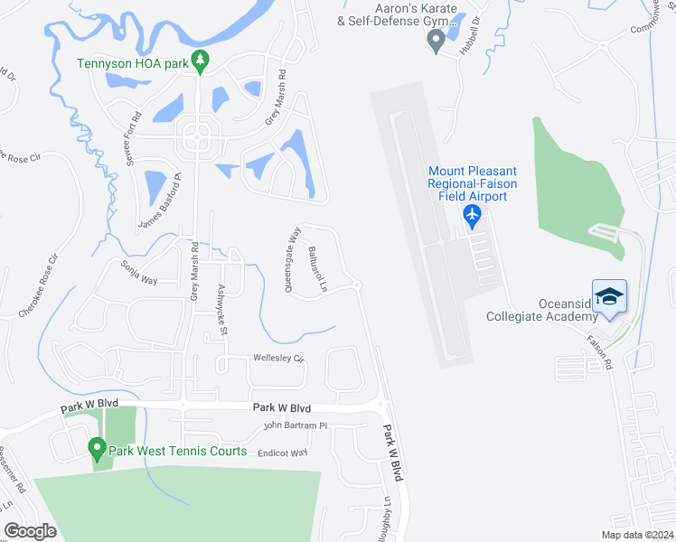 map of restaurants, bars, coffee shops, grocery stores, and more near 3033 Queensgate Way in Mount Pleasant
