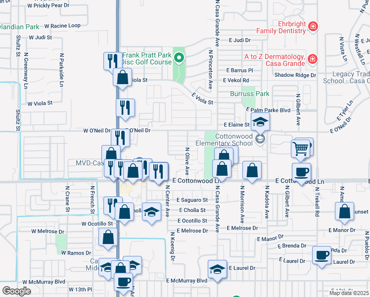 map of restaurants, bars, coffee shops, grocery stores, and more near 207 E Evelyn St in Casa Grande