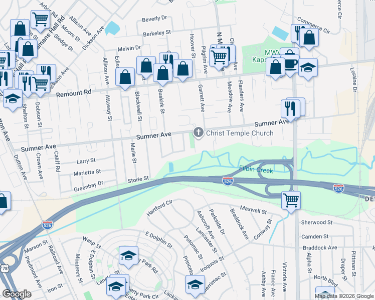 map of restaurants, bars, coffee shops, grocery stores, and more near 5452 East Lakeland Drive in North Charleston