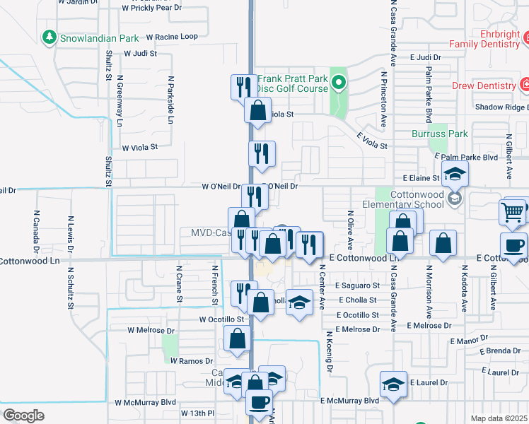 map of restaurants, bars, coffee shops, grocery stores, and more near 1670 North Pinal Avenue in Casa Grande