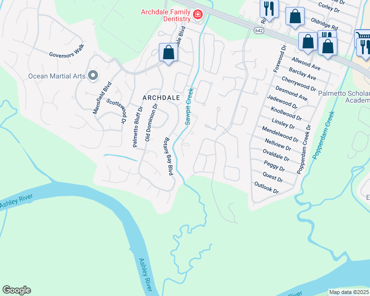 map of restaurants, bars, coffee shops, grocery stores, and more near 101 Nightingale Manor in Charleston