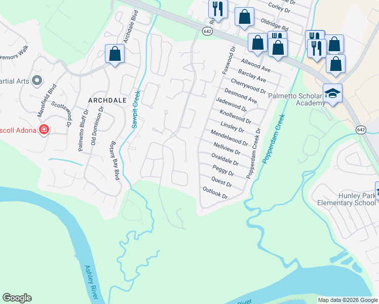 map of restaurants, bars, coffee shops, grocery stores, and more near 7847 Sabalridge Drive in North Charleston