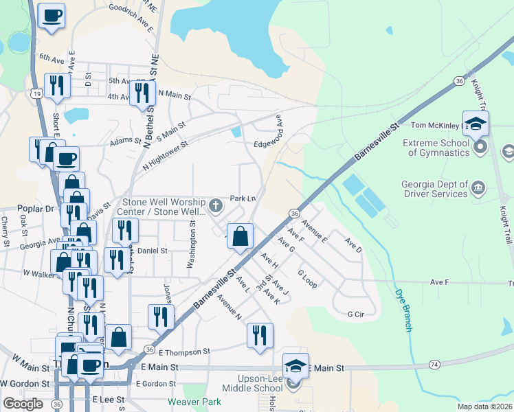 map of restaurants, bars, coffee shops, grocery stores, and more near Mill Avenue in Thomaston