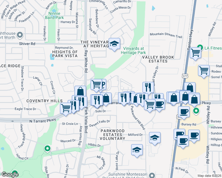 map of restaurants, bars, coffee shops, grocery stores, and more near 5301 North Tarrant Parkway in Fort Worth