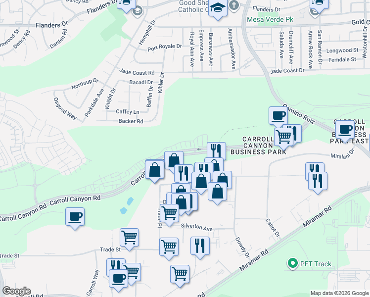 map of restaurants, bars, coffee shops, grocery stores, and more near 7768 Arjons Drive in San Diego