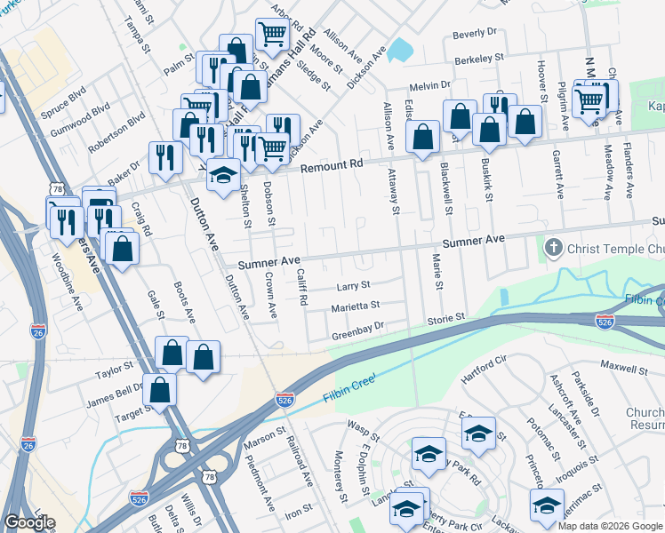 map of restaurants, bars, coffee shops, grocery stores, and more near 1619 Sumner Avenue in North Charleston