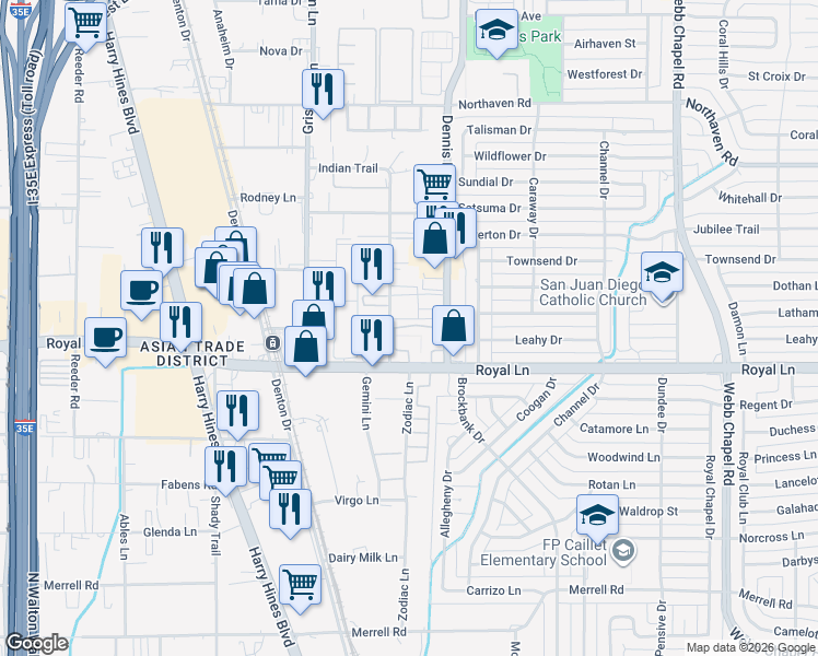 map of restaurants, bars, coffee shops, grocery stores, and more near 10871 Indian Trail in Dallas