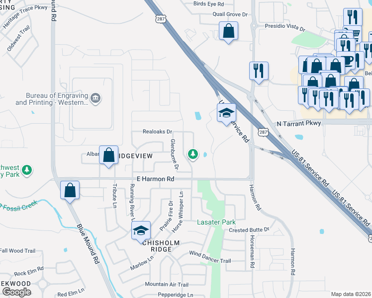 map of restaurants, bars, coffee shops, grocery stores, and more near 8705 Prairie Dawn Drive in Fort Worth