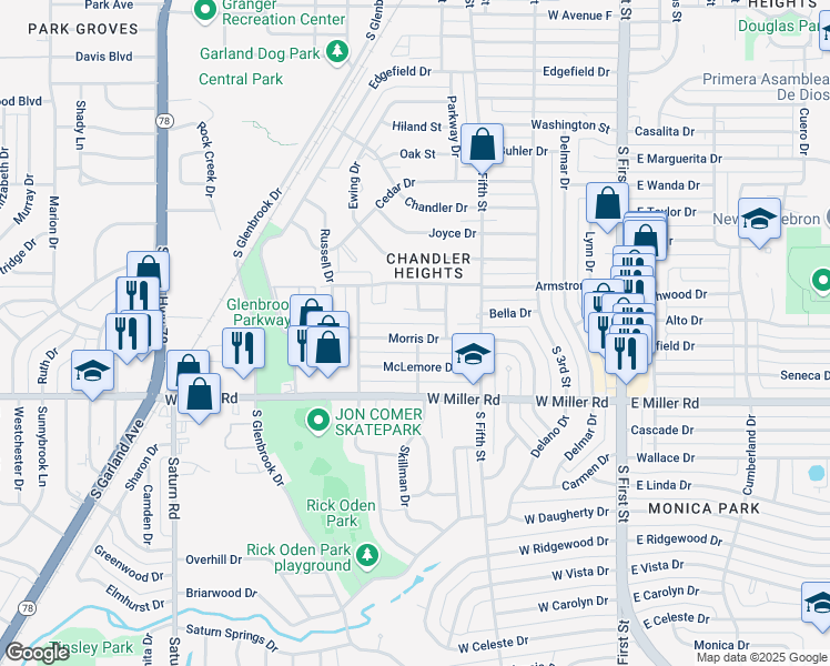 map of restaurants, bars, coffee shops, grocery stores, and more near 701 Morris Drive in Garland