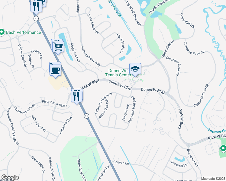 map of restaurants, bars, coffee shops, grocery stores, and more near 2540 Palmetto Hall Boulevard in Mount Pleasant