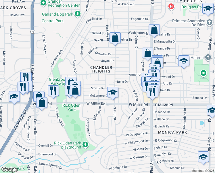 map of restaurants, bars, coffee shops, grocery stores, and more near 517 Morris Drive in Garland