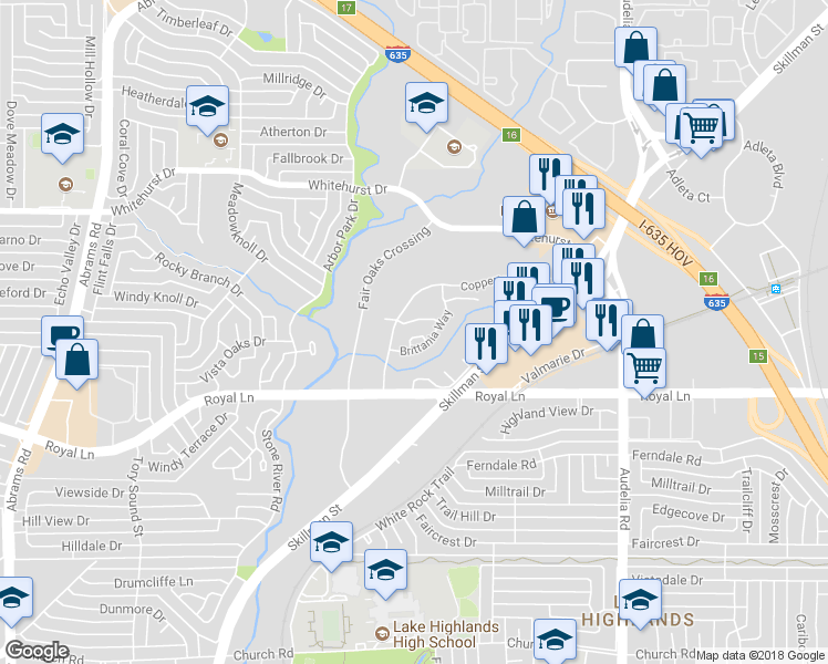 map of restaurants, bars, coffee shops, grocery stores, and more near 8427 Barnaby Street in Dallas