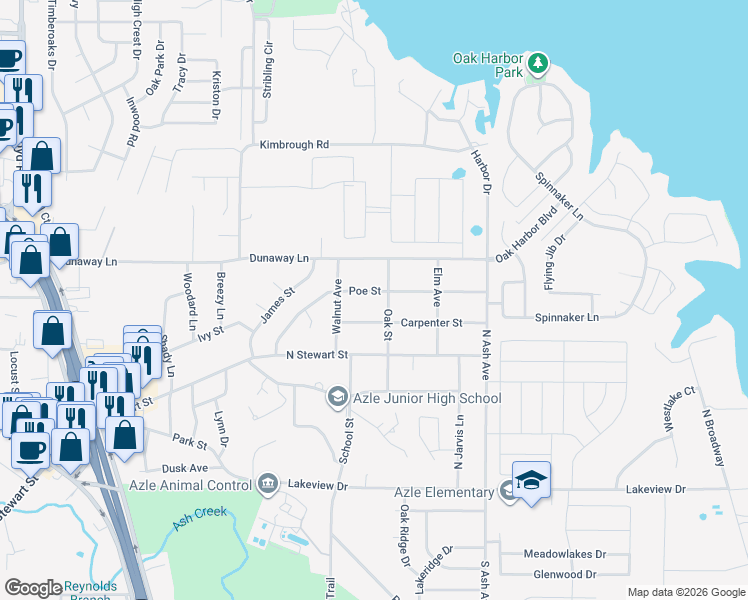 map of restaurants, bars, coffee shops, grocery stores, and more near 916 Poe Street in Azle