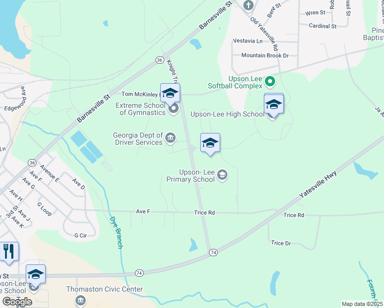 map of restaurants, bars, coffee shops, grocery stores, and more near Knight Trail in Thomaston