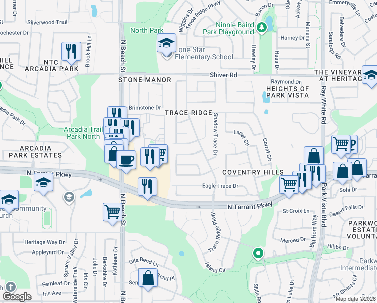 map of restaurants, bars, coffee shops, grocery stores, and more near 4717 Sterling Trace Circle in Fort Worth