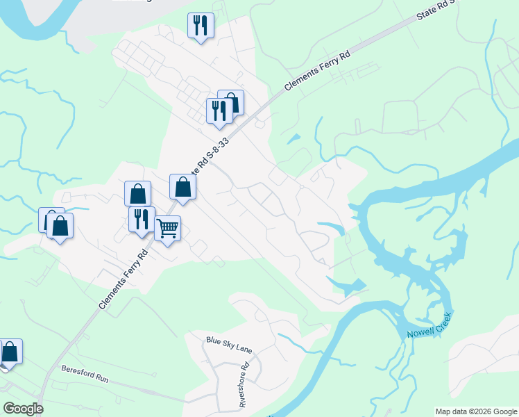 map of restaurants, bars, coffee shops, grocery stores, and more near 533 Tayrn Drive in Charleston