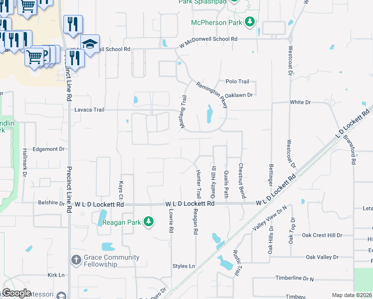 map of restaurants, bars, coffee shops, grocery stores, and more near 6005 Hunter Court in Colleyville