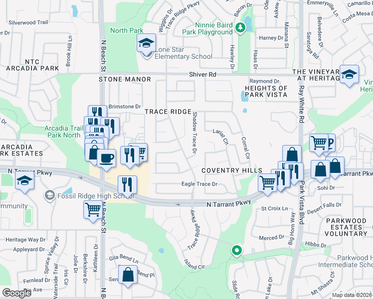 map of restaurants, bars, coffee shops, grocery stores, and more near 8624 Trace Ridge Pkwy in Fort Worth