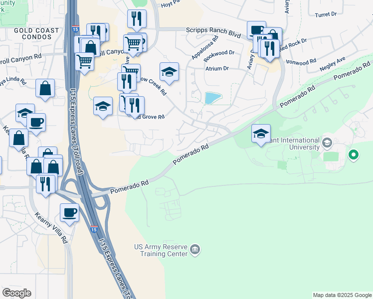 map of restaurants, bars, coffee shops, grocery stores, and more near 10247 Caminito Covewood in San Diego