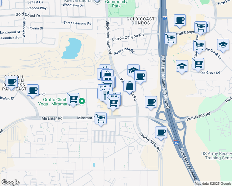 map of restaurants, bars, coffee shops, grocery stores, and more near 9555 Black Mountain Road in San Diego