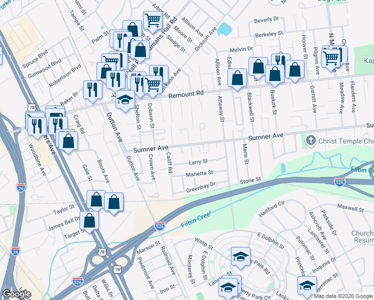 map of restaurants, bars, coffee shops, grocery stores, and more near 1619 Sumner Avenue in North Charleston