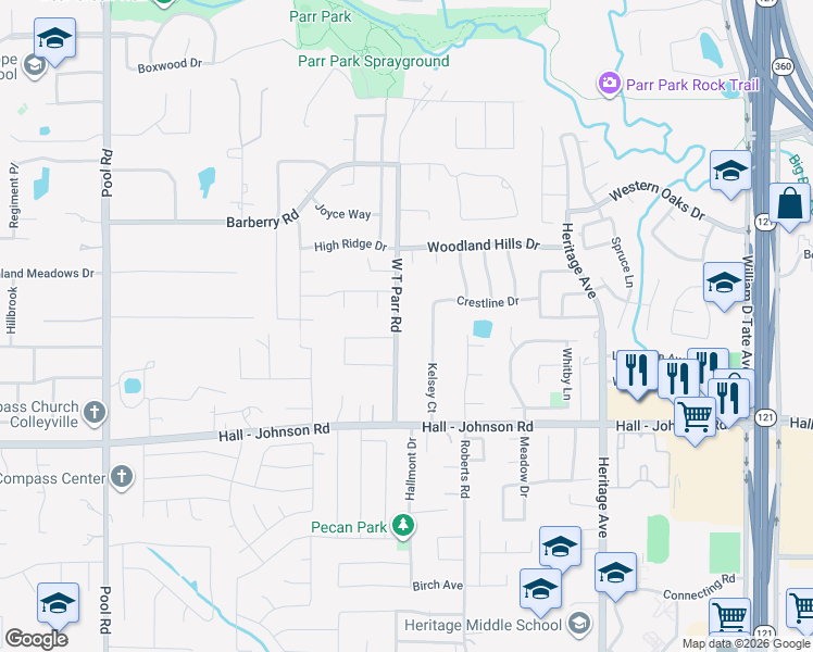 map of restaurants, bars, coffee shops, grocery stores, and more near 3725 W T Parr Road in Grapevine