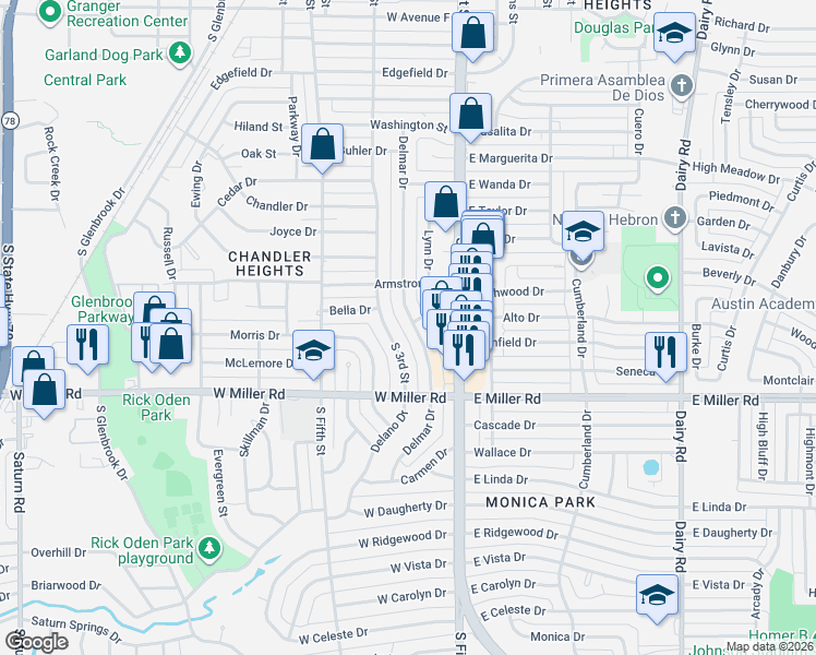 map of restaurants, bars, coffee shops, grocery stores, and more near 1815 Delmar Drive in Garland