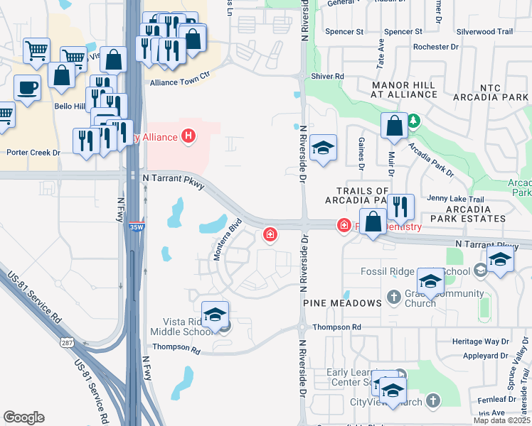 map of restaurants, bars, coffee shops, grocery stores, and more near 8509 Old Denton Road in Fort Worth